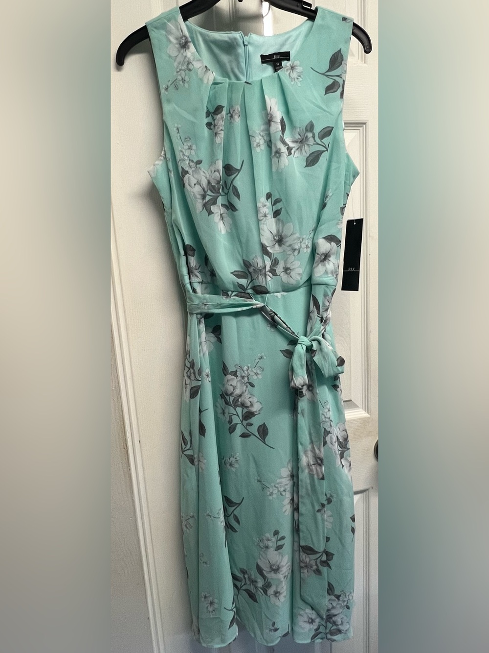 R&K Mint Floral Sleeveless Midi Dress with Self-Tie Belt
